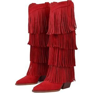 Women's Red Knee High Chunky Heel Pointed Toe Slip on Wide Calf Cowgirl Boot
